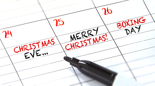 Calendar showing 24, 25 & 26 December